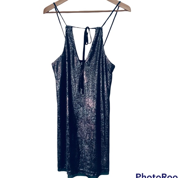 Free People Double Take Silver Sequin Rose Mini Slinky Slip Plunge Dress - Picture 4 of 16